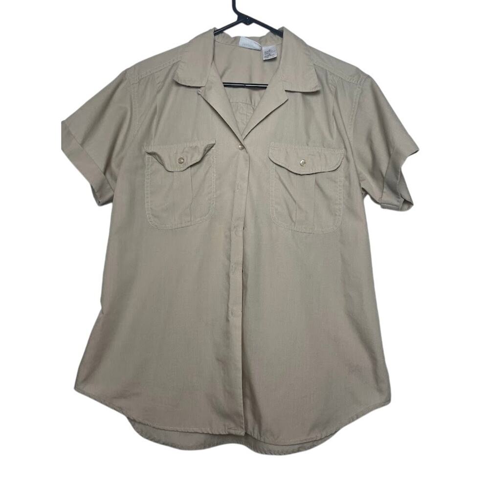 Uniform Style Button Up Shirt Womens Medium Tan‎ Bowling Retro Short Sleeve Top